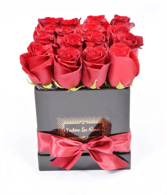 red roses in black small box
