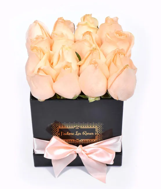 peach roses in black small box