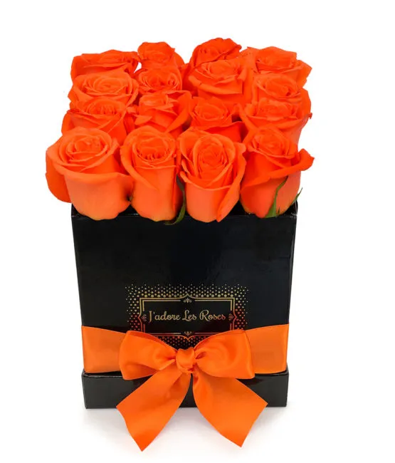 orange roses in black small square box