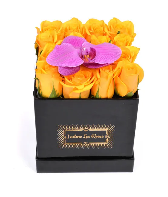 yellow roses with orchid in black small square box