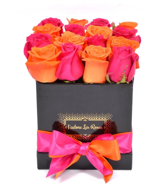 orange fuchsia roses in black box