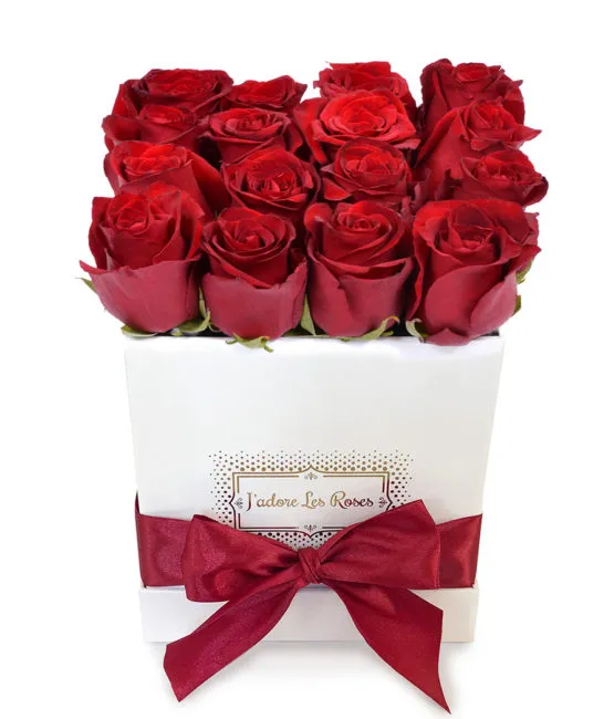 red roses in white square box