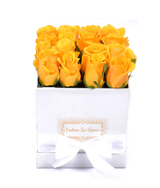 yellow roses in white square box