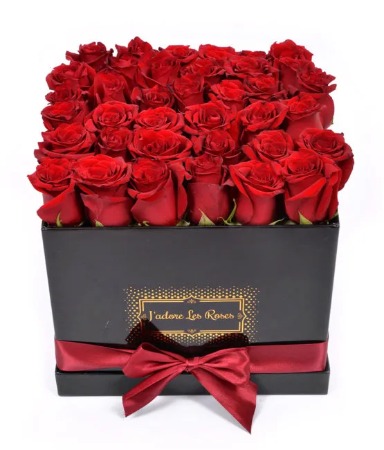 red roses in black medium square box