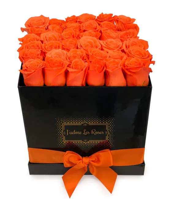 orange roses in black medium square box