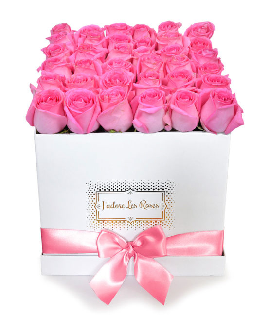 pink roses in white medium box