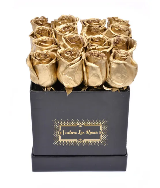 gold roses in black small square box