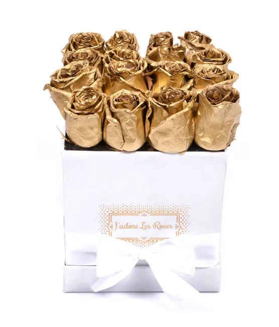 Gold roses in white small square box
