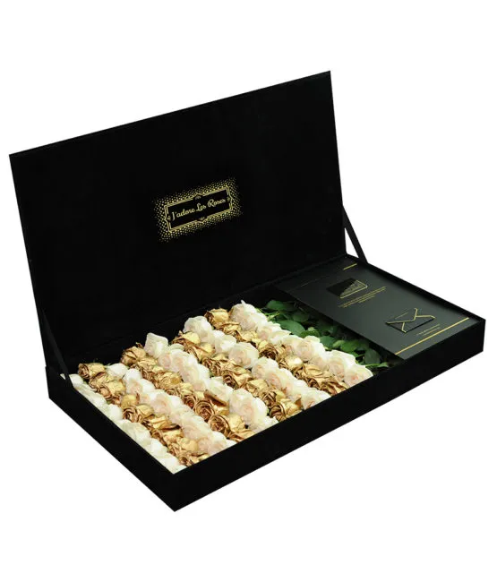 gold cream roses in black box