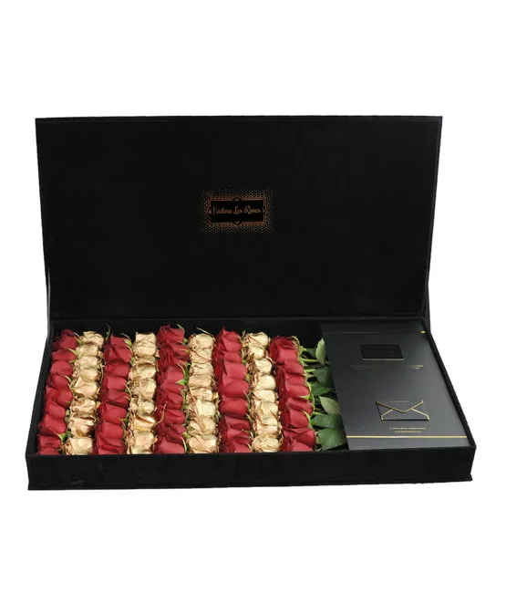 gold red roses in black box
